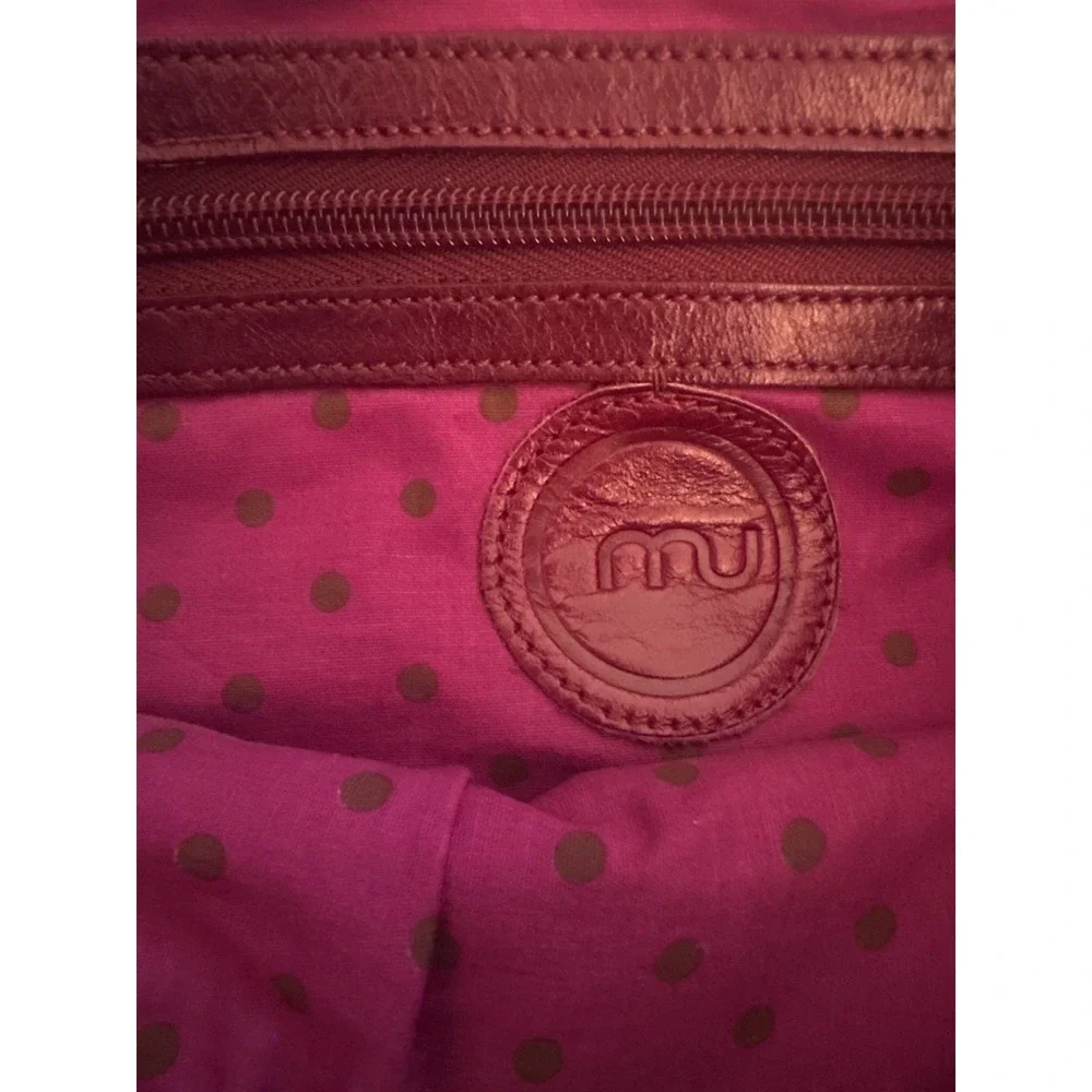 Maroon & Teal Leather‎ Bag Dual Zippered Pockets & Patterned Textile Lining